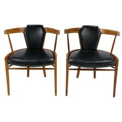 Pair  Edmond Spence Attr.  Walnut & Black Leather Arm Chairs