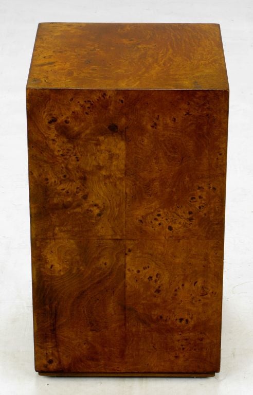 Clean modern design and elegant burled walnut wood make for a perfectly sized cube pedestal table. With the addition of a glass top it, it could becomes striking side table