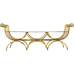 Long Triple Curule Gilt Bench With Woven Metal Seat