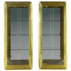 Pair Mastercraft Elegant Brass & Glass Canted Corner Vitrines