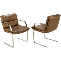 Pair Pace Chrome & Mocha Leather Cantilevered Arm Chairs