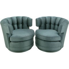 Vintage Pair Silvery Cadet Blue Button-Tufted Swiveling Barrel Chairs