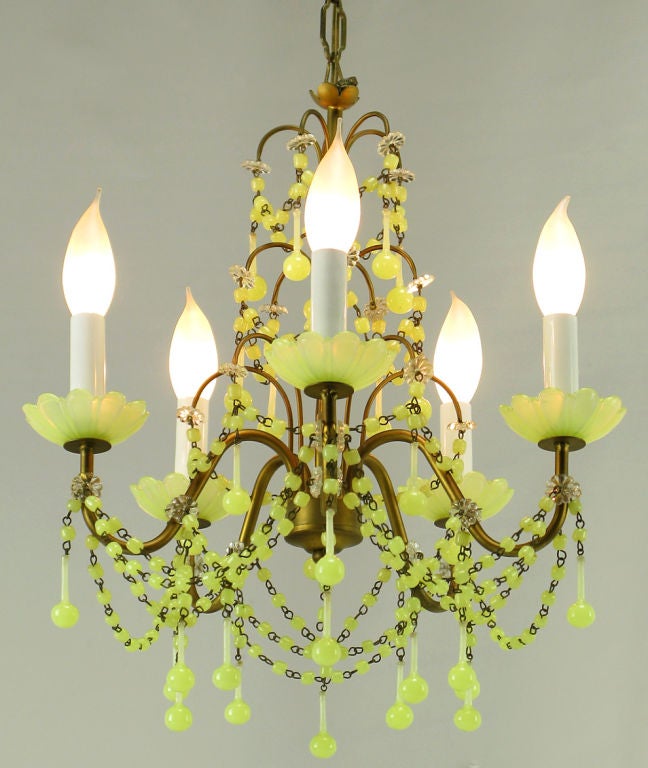 20th Century Italian Chartreuse Opalescent Glass & Brass Five-Arm Chandelier