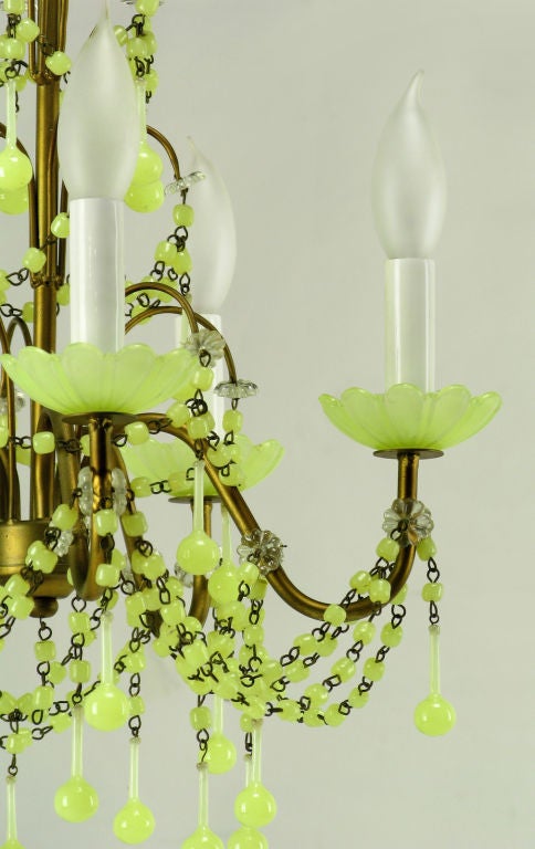 Italian Chartreuse Opalescent Glass & Brass Five-Arm Chandelier 1