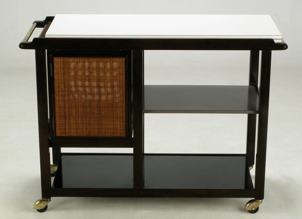 Edward Wormley Dunbar Walnut, Micarta & Cane Bar Cart