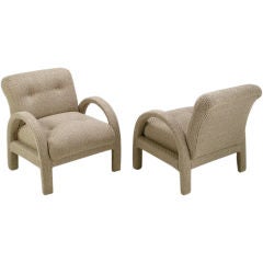 Pair Milo Baughman Taupe Fully Upholstered Club Chairs