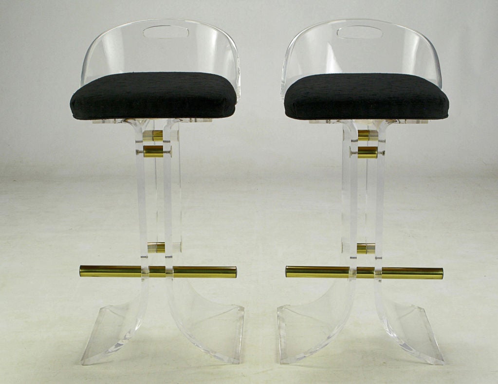 Pair Lucite & Brass Bar Stools With Textured Black Upholstery