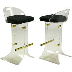 Pair Lucite & Brass Bar Stools With Textured Black Upholstery