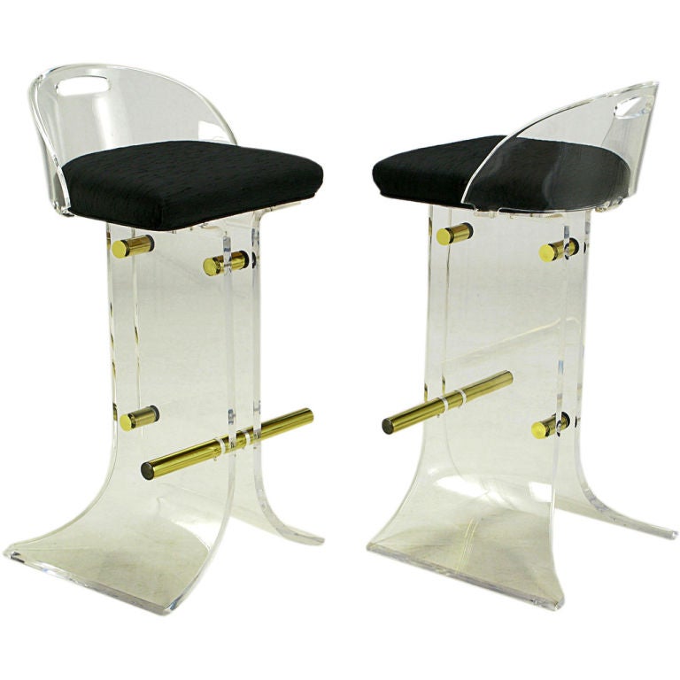 Pair Lucite and Brass Bar Stools With Textured Black Upholstery at 1stDibs