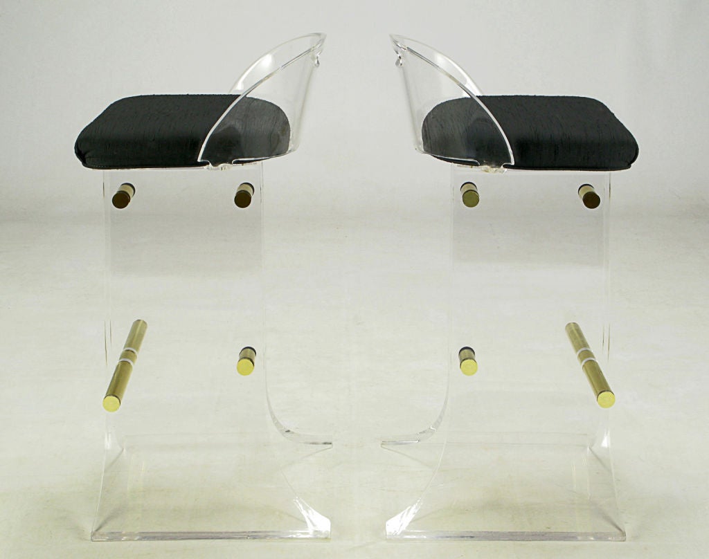 Pair Lucite and Brass Bar Stools With Textured Black Upholstery at 1stDibs