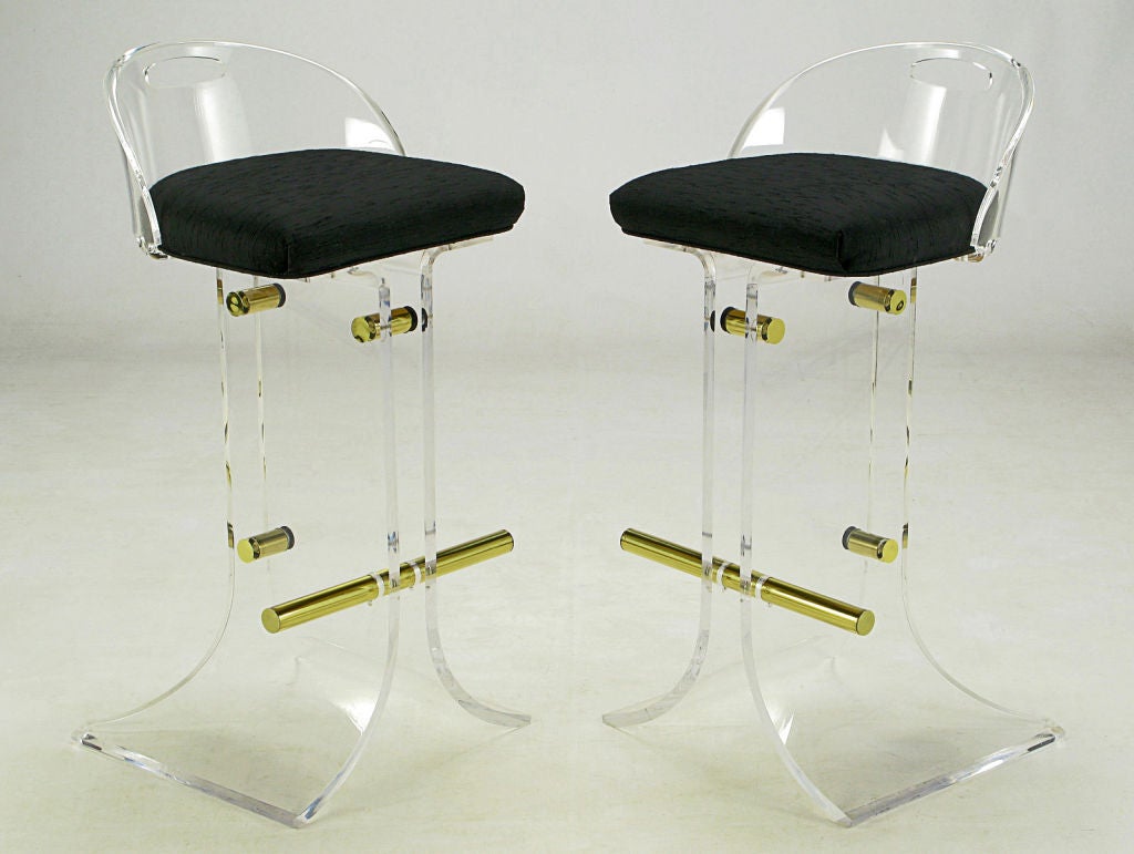 Pair Lucite and Brass Bar Stools With Textured Black Upholstery at 1stDibs