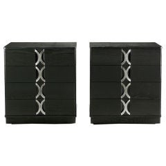 Pair 1940s Black Lacquer & Silver Leaf Four-Drawer Commodes