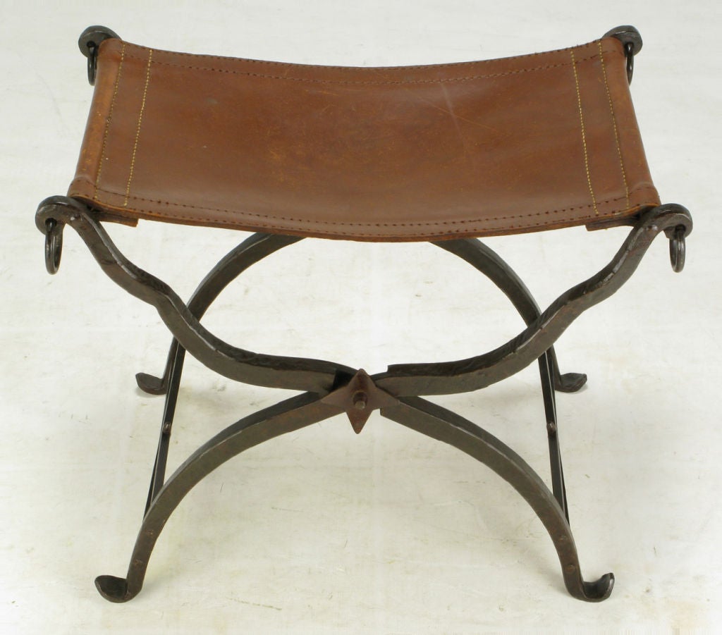 Hand Forged Iron &  Leather Curule Folding Bench With Drop Rings