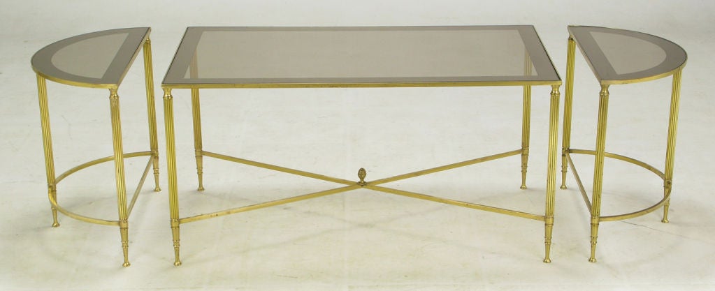 French Brass & Mirror-Edged Glass Three Piece Cocktail Table