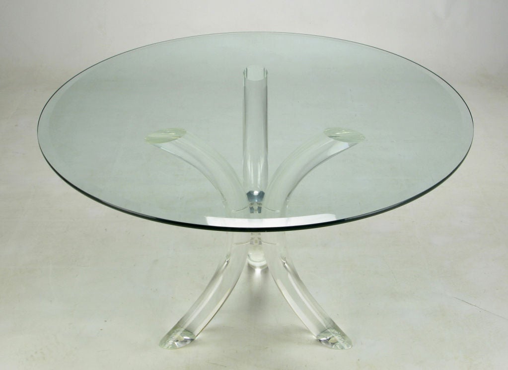 Pair Thick Curved Lucite Tripod-Based Dining Tables