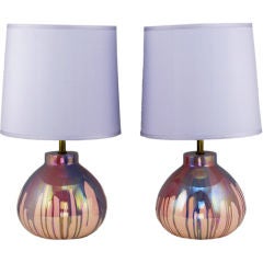 Pair Of Lavender Iridescent Drip Glaze Pottery Table Lamps