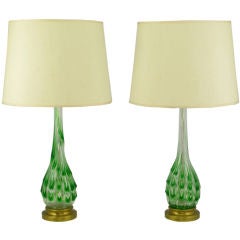 Pair Green Raindrops Over Clear Murano Glass Table Lamps