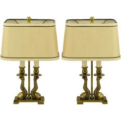 Pair Paul Hanson Solid Brass Twin Dolphin Desk Lamps