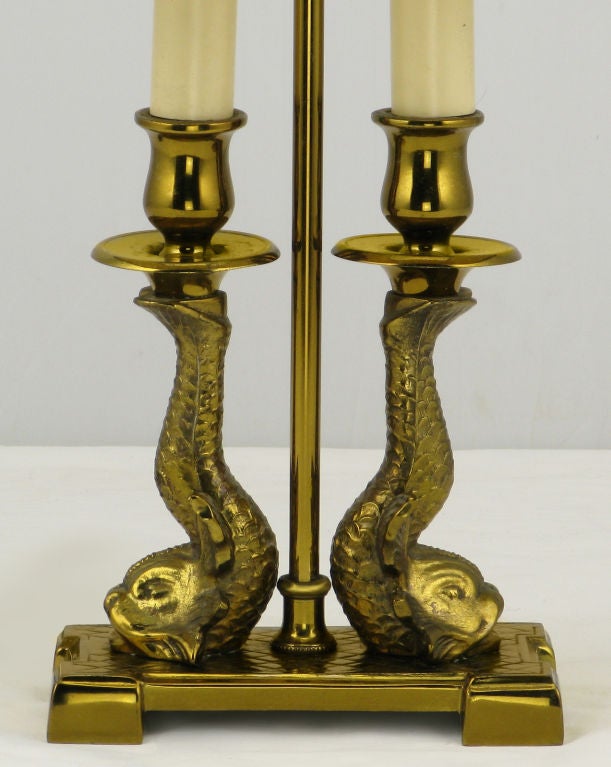 American Pair Paul Hanson Solid Brass Twin Dolphin Desk Lamps
