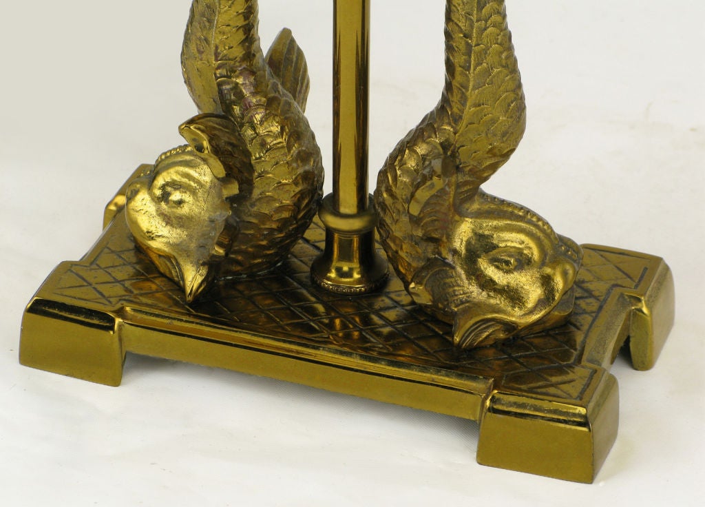 Mid-20th Century Pair Paul Hanson Solid Brass Twin Dolphin Desk Lamps