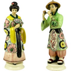 Pair 1940s 18" Trevir Italian Polychrome Majolica Figurines