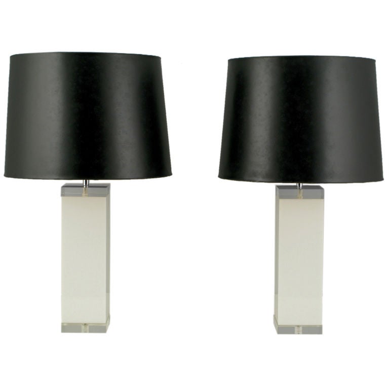 Pair Custom White & Clear Lucite Table Lamps