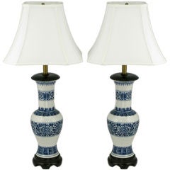 Pair Chinoiserie Blue & White Ceramic Table Lamps