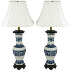 Pair Chinoiserie Blue & White Ceramic Table Lamps