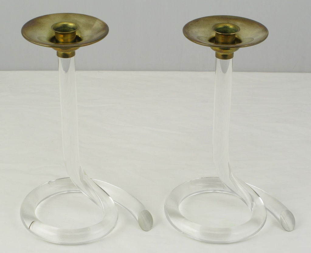 American Pair Dorothy Thorpe Style Serpentine Lucite Candlesticks