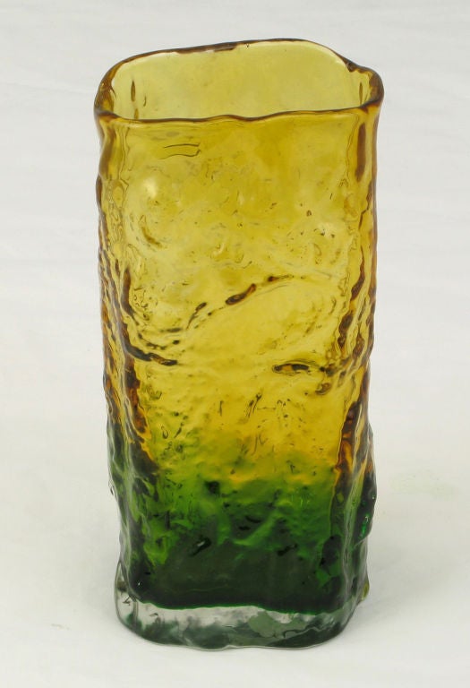 Yellow and green glass vase of bark textured glass with free form top edge.  Similar to designs by Whitefriars, England.