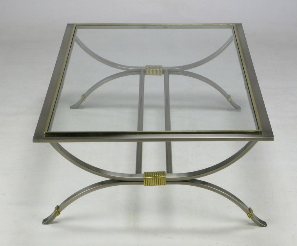 20th Century DIA  Satin Steel And Brass Curule Base Coffee Table