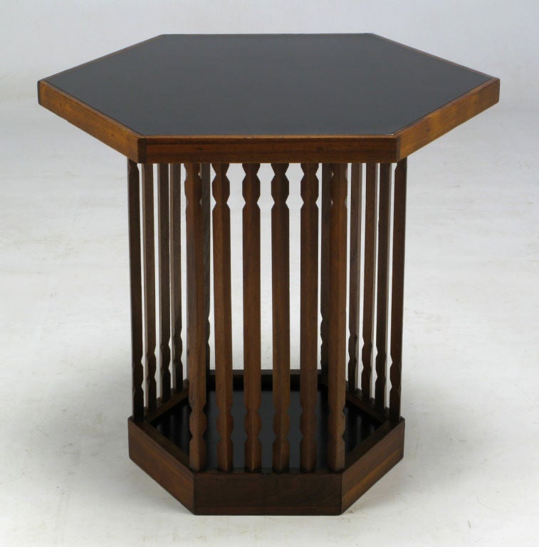 Hexagonal Carved Walnut & Black Micarta End Table