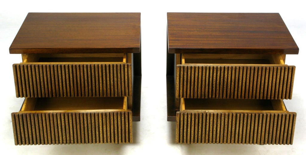 Mid-20th Century Pair Walnut Night Stands With Pecky Cypress Drawer Fronts