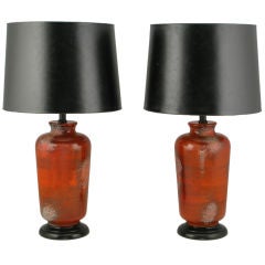 Retro Pair Of Carnelian Red Lava Glaze Pottery Table Lamps