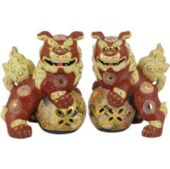 Retro Pair Colorful Porcelain Foo Dogs On Pierced Balls