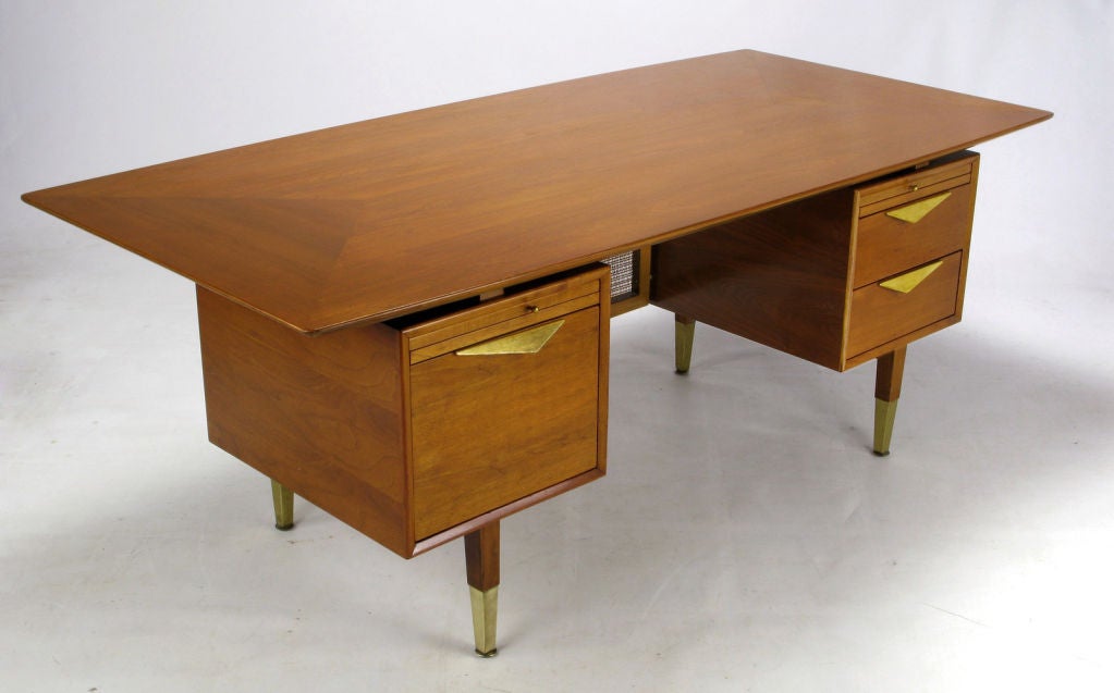 Italian Walnut Desk With Gilt Pulls & Floating Cane Panel