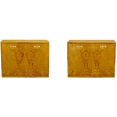 Pair Milo Baughman Floating Burled Wood & Lucite Wall Cabinets