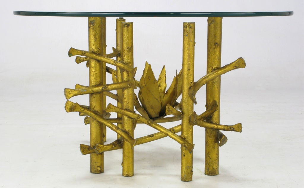 Italian Brutalist Gilt Iron Lotus Coffee Table With Glass Top