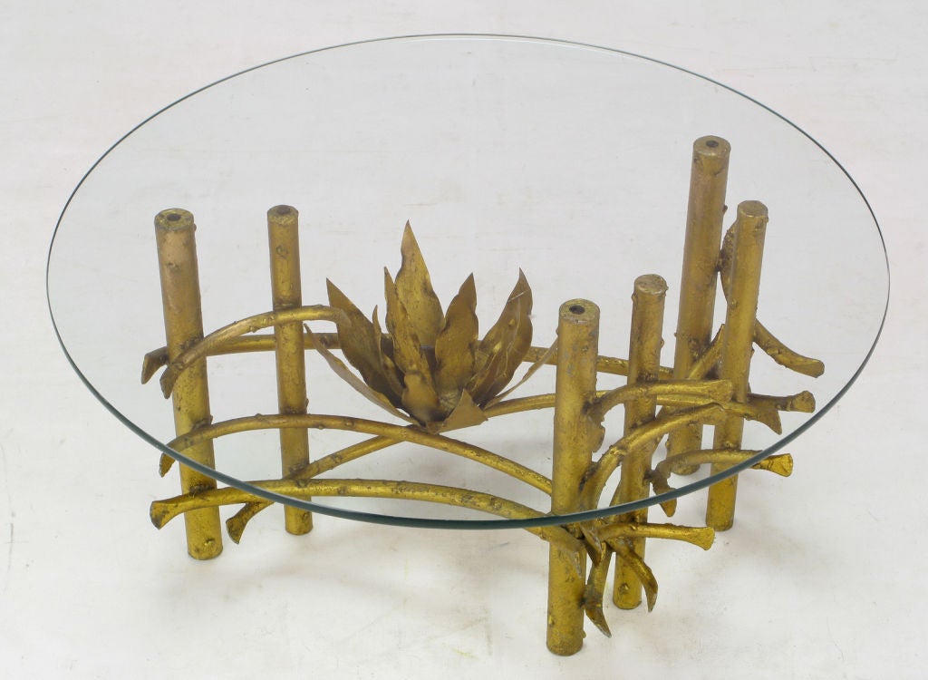 Brutalist Gilt Iron Lotus Coffee Table With Glass Top 1