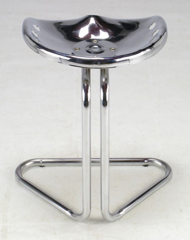 Cantilevered chrome tractor seat inspired by the work of Achill eand Pier Giacomo Castiglioni for Zanotta. <br />
<br />
Similar seat used with a vanity in the London home of Pandora Astor, as published in the October 1982 issue of Architectural