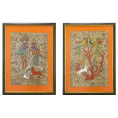 Pair Colorful Amate Folk Art Paintings