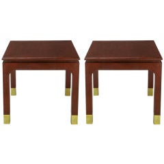 Pair Oxblood Lacquered Linen & Brass End Tables