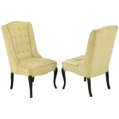 Pair 1940s Creamy Velvet Button-Tufted Slipper Chairs