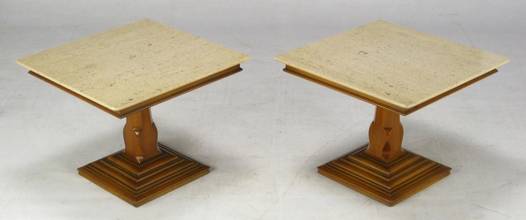 American Neo-Gothic Style Travertine & Maple Pedestal Tables