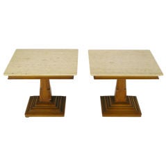 Neo-Gothic Style Travertine & Maple Pedestal Tables