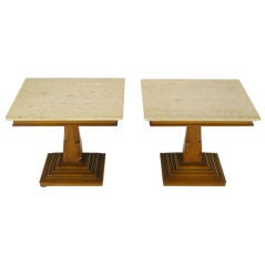 Neo-Gothic Style Travertine & Maple Pedestal Tables