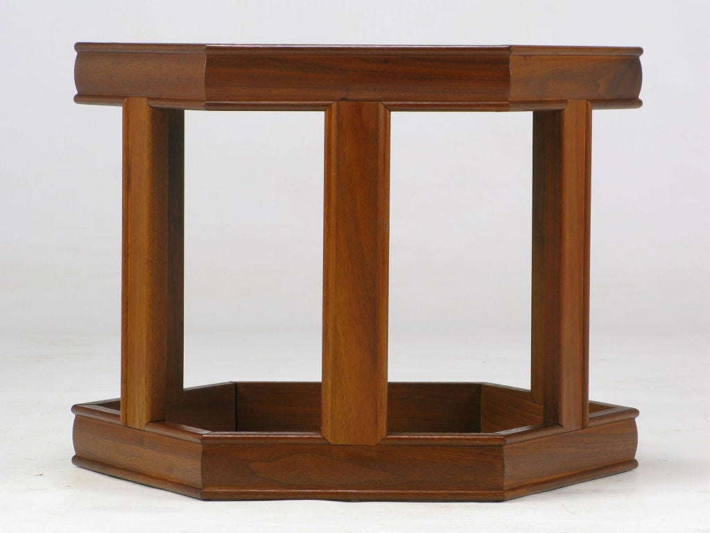 American Pair Brown  Saltman Walnut & Reverse Painted Glass Side Tables