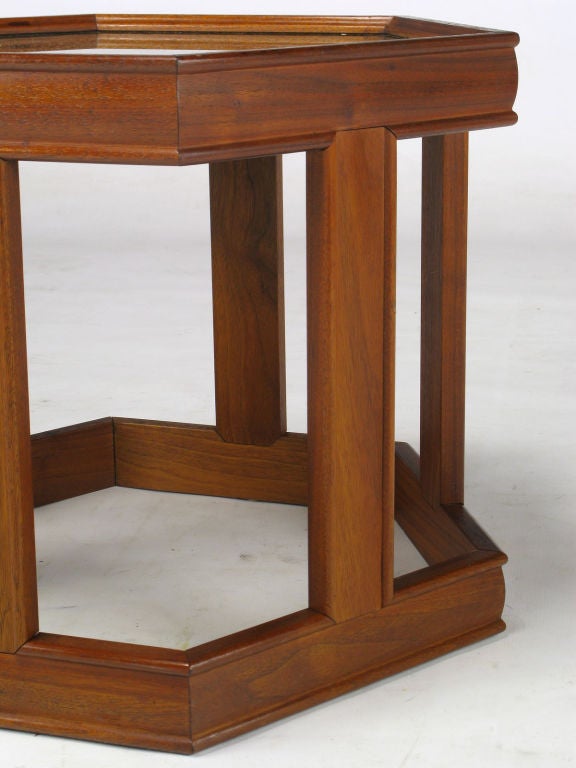 Mid-20th Century Pair Brown  Saltman Walnut & Reverse Painted Glass Side Tables