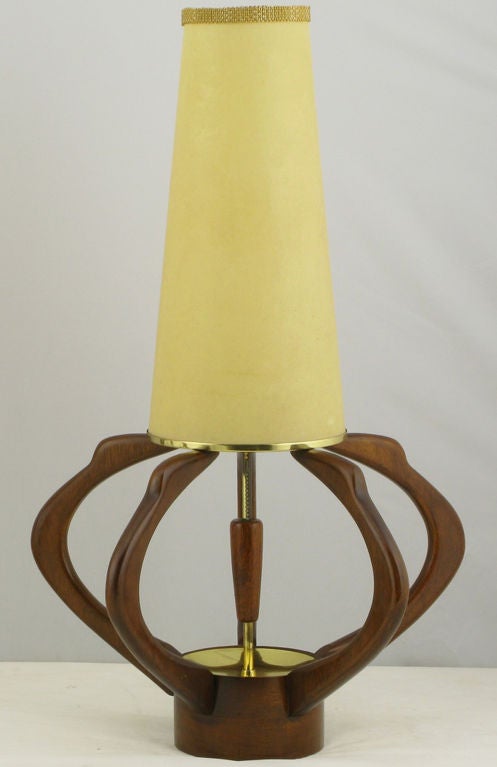 Pair Sculptural Teak & Brass Melon Form Table Lamps
