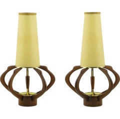 Pair Sculptural Teak & Brass Melon Form Table Lamps